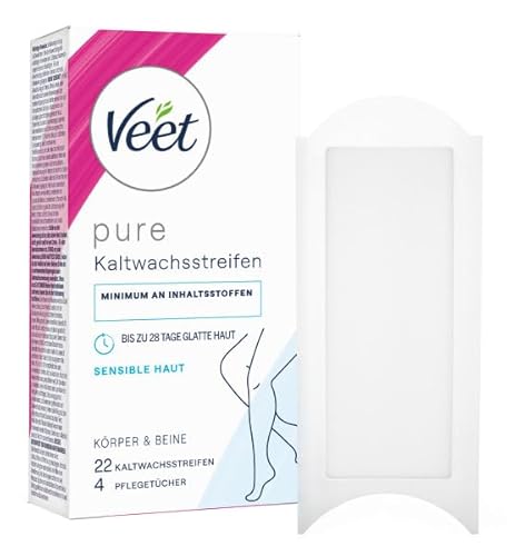 Veet Strisce di cera fredda pura per corpo, braccia e gambe – depilazione per pelli sensibili – Pelle liscia fino a 28 giorni – 11 strisce doppie = 22 strisce di cera fredda