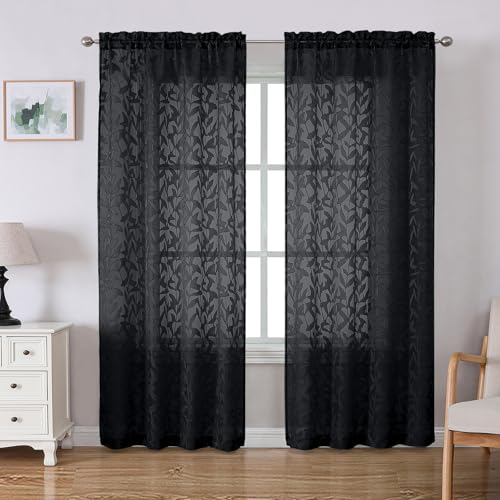Lecloud Leia Black Sheer Curtains 72 Inches Long 2 Panels, Jacquard Leaf Textured Light Filtering Bedroom Curtains, Rod Pockets Airy Voile Drapes for Living Room Dining Room, Each Panel 42" W x 72" L