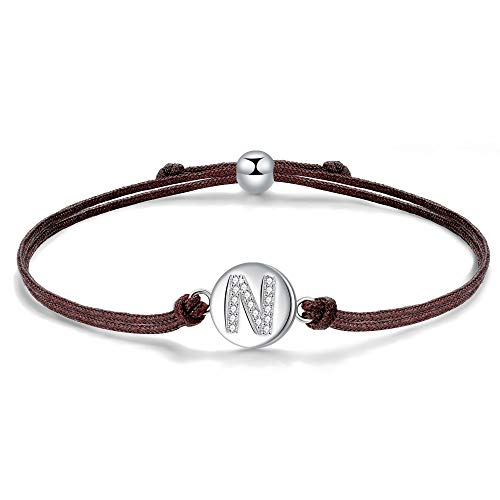J.Endéar Pulsera Forma de Inicial N, Plata de Ley 925 Circonita Cúbica Pulseras Iniciales, Regalo de Amistad 24cm Trenzado Hecho a Mano Ajustable