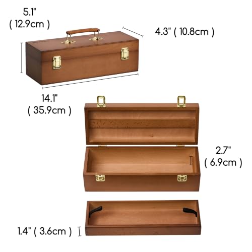 Image of MEEDEN Wooden Art Tool Storage Box: Portable Art Supplies Organizer Case | Beech Wood Toolbox with Handle Removable Tray for Brushes, Pencils, Erasers and DIY Craft Sewing Supplies