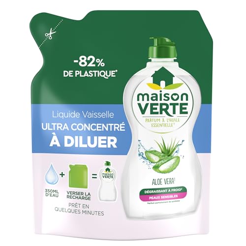 Maison Verte - Liquide Vaisselle - L'Ultra Concentré à Diluer - Aloe Vera & Huiles Essentielles - Dégraissant à Froid - Adapté aux Peaux Sensibles - Prêt en quelques minutes - 150ml