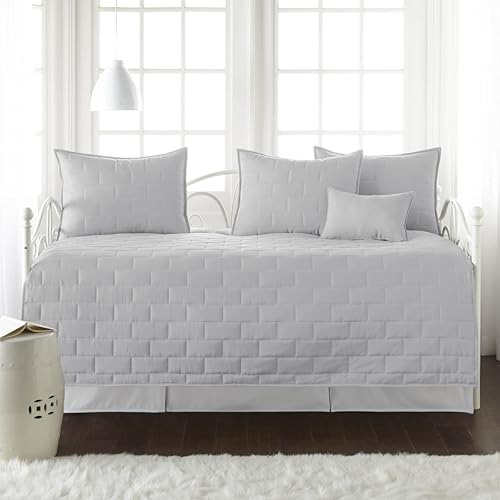 Image of Southshore Fine Living, Inc. Twin Daybed Comforter Sets, 6-Piece Trundle Bed Bedding Set with Bedspread, 3 Pillow Shams, Bedskirt, Throw Pillow - Day Bed Cover Sets, Brickyard Light Grey