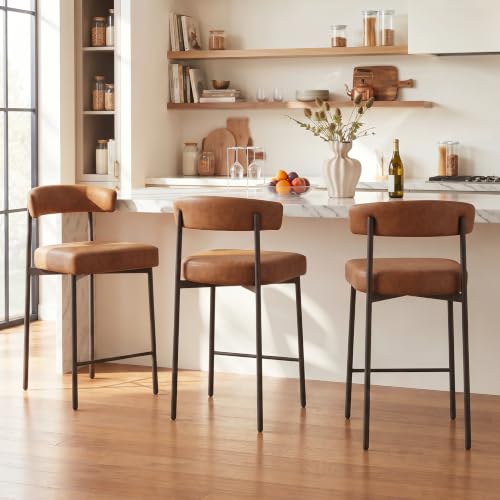 Image of GrandNoor Brown Modern Bar Stools Set of 3, 24 Inch Faux Leather Counter Stools with Curved Backrest, Counter Height Bar Stool for Kitchen Island