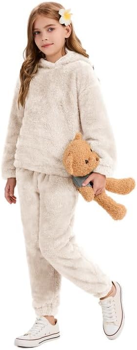 Flygo Girls Fuzzy Pants Set Crop Hoodie Bear Ear Two Piece Outfits Fluffy Sweatshirt and Fleece Pants Sweatsuit - Image 2