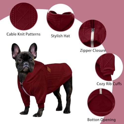 meioro Hundepullover mit Reißverschluss und Kapuze, für Hunde, Katzen, niedlich, warm, mit Kapuze, Winter, warm, Welpen, französische Bulldogge, Mops (Größe L, Rot)