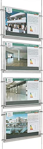 Expositor con cables luminosos de una cara para escaparate, Evo LED Kit 1 x 4 con carpetas luminosas de metacrilato formato A4 horizontal, porta anuncios para agencias inmobiliarias, estudios