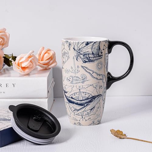 Topadorn Coffee Ceramic Mug Porcelain Latte Tea Cup With Lid in Present Box 17oz, Oceans Art