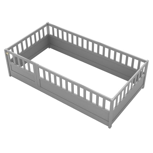 Image of Bellemave Twin Size Kids Montessori Floor Bed,Solid Wood Floor Bed Frame with High Fence and Lockable Door for Kids,Girls,Boys,Twin,Grey