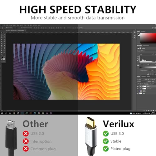 Image of Verilux 9.8Ft Micro B To USB C Hard Drive Cable, Nylon Braided High-Speed Charging & USB 3.0 /5Gbps Data Transfer for iPhone 17 /16 /15 Series, MacBook Pro /Air, iPad /Tablet, Galaxy S25 /S24, WD Seagate