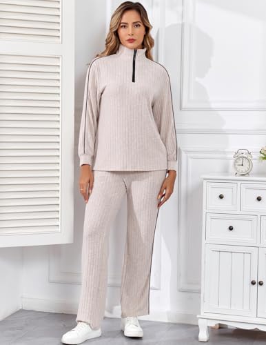 Veseacky Lounge Sets Ribbed Knit zipper lapel home wear long sleeve suit 2 Piece for Women Matching S-XXL4