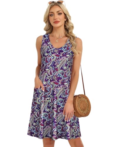 Image of Womens Summer Dresses Casual V Neck Sleeveless Pockets Beach Loose Sundress | 2026 Loose Tank Sun dres with pockets, Casual Beach Cover Up, Fashion Vacation Outfits, Tshirt Floral Boho A-Line Flow Dress