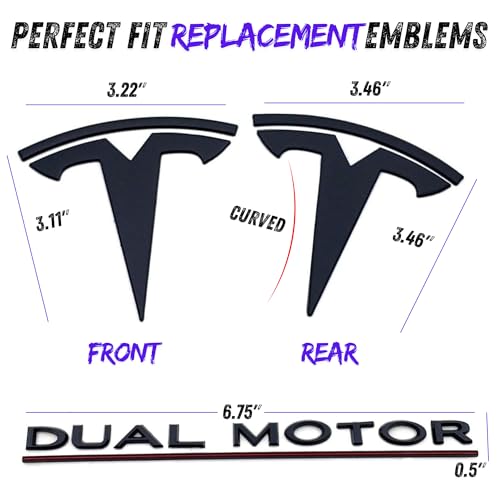 Image of Tesla Model Y Emblem Bundle Front Rear T Badge Matte Black Glossy Black Logo OEM Dual Motor Set Metal Decal Sticker with 3m Adhesive Juniper (Matte Black)