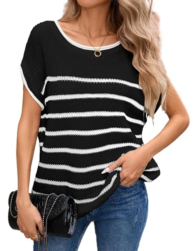 Image of Libsorge Womens Oversized Lightweight Cute Striped Sweater Vest Spring 2025 Crewneck Hollow Out Thin Cap Sleeve Knit Top