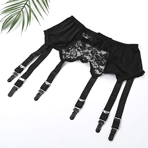 Women's Sexy Lace Garter Belt with 6 Straps Metal Clip Suspender for Thigh High Stockings Black L