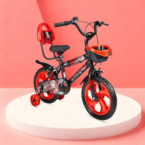 Image of Amazon Brand - Jam & Honey Kids 14T Bicycle | Sturdy Steel Frame | EVA Tyres | Adjustable Seat & Handlebar | Training Wheels | Front Basket | Red