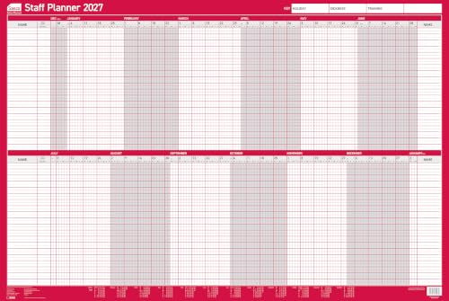 Image of Sasco 2027 Staff Year Wall Planner with wet wipe pen & pack of 700 stickers, Red, Board Mounted, 915mmW x 610mmH