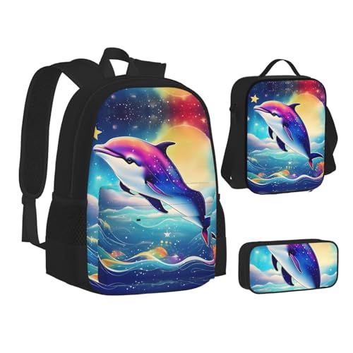 Colorful Starry Sky Ocean Dolphin 3-Piece Set Backpack, Lunch Bag, And Pencil Case, Casual Cute Sets For Travel And College2