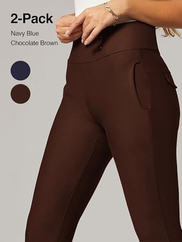 Conceited 2-Pack Stretch Slacks for Women - Wear to Work - Slim Leg Dress Pants with Pockets - Navy, Brown - (X-Large)4