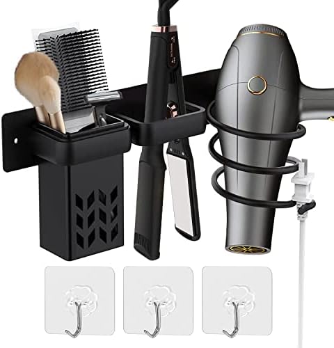 BURNTOP Hair Dryer Holder Wall Mounted, Straightener Holder, Bathroom Hair Styling Care Tool Organizer, Multi-Functional Space Saving Storage Bracket with Plug Hook & Cup-Black