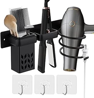 BURNTOP Hair Dryer Holder Wall Mounted, Straightener Holder, Bathroom Hair Styling Care Tool Organizer, Multi-Functional Space Saving Storage Bracket with Plug Hook & Cup-Black