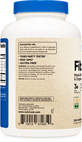Nutricost Fiber Capsules With Prebiotic Fiber Supplement 300 Capsules - Made With Organic Psyllium Husk & Organic Jerusalem Artichoke, 60 Servings, Gluten Free, 3 G Per Serving #TOP2