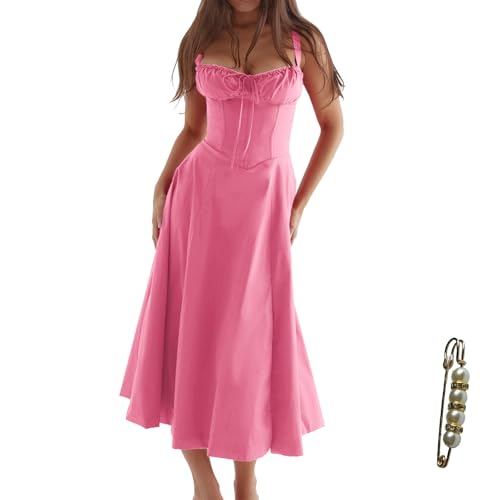 Image of Floral Corset Midi Dress Square Neck A Line Dress with Slit | Square neck floral midi dress with front tie bust wide straps A-line skirt side slit and lightweight fabric