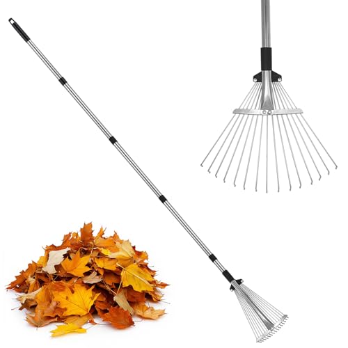 PEAKCLOUDS Adjustable Metal-Leaf Rake with Telescopic Handle - Lawn & Garden Tool for Grass Leaves & Shrubs - Heavy Duty Yard Rake for Adults Women & Kids