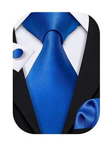 Barry.Wang Stripe Men Ties Set Classic WOVEN Necktie with Handkerchief Cufflinks Formal Royal Blue