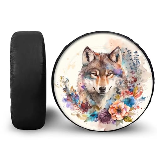 BIGCARJOB Flower Animal Wolf Spare Tire Cover,Portable Wheel Bags All-Weather Tire Cover,Stretch Spare Tire Protector Cover Universal Fit for 14-19inch Tire
