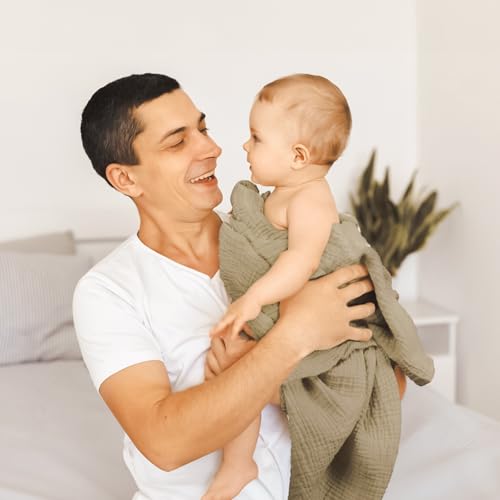 Image of lulumoon Muslin Swaddle Blankets for Baby: Lightweight & Breathable Receiving Blankets for Hospital - Neutral Registry Gift for Newborn 3pack (Olive Branches)