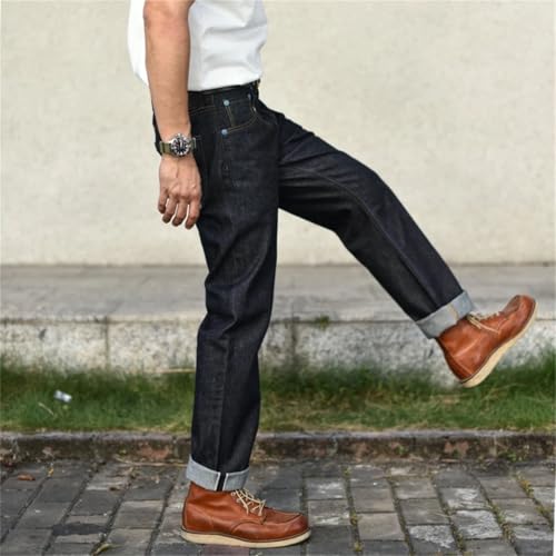 Men’S Vintage Slim Fit Straight Selvedge Sanforized Denim Full Length Jeans Zipper Fly High Waist Indigo Wear Rivet3