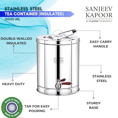 Image of Sanjeev Kapoor by Classic Essentials Stainless Steel Tea Container Liters with Leak Proof Tap | Milk | Soups | Coffee Tea Pot | Eco Friendly Hot & Cold Tea Pot Dispenser (15L)