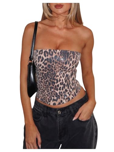 Women's Leopard Cheetah Sequin Strapless Tube Top Glitter Sleeveless Bandeau Crop Tops Night Out Clothes