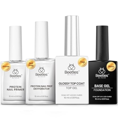 Image of Beetles Gel Base and Top Coat Set with Protein Nail Dehydrator and Primer, 4 Pcs 15ml Extra Glossy Top Coat and Base Acid-Free & HEMA-Free Nail Prep Bond Primer for Acrylic & Gel Polish Gifts