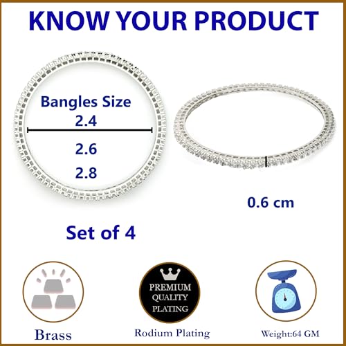 Image of ZENEME Jewelry Rhodium Plated Brass Silver Toned Set Of 4 American Diamond Gold Plated Bangles For Women and Girls