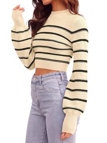 Image of Womens Sexy Crew Neck Cropped Sweaters Knit Long Sleeve Crop Tops Pullover | Ribbed Knit, Long Sleeve, Crop Tops, Pullover,Crew Neck