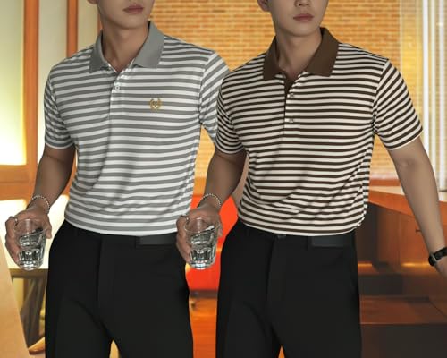 Image of MACK JONNEY Men's Cotton Polo T-Shirt | Regular Fit | Short Sleeve | Striped Casual Wear | Pack of 2 -MJ-1