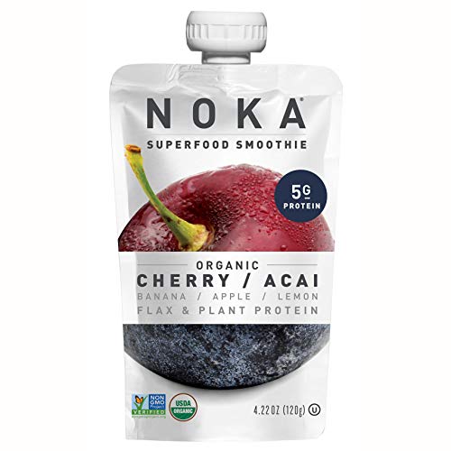 NOKA Superfood Smoothie Pouches (Cherry Acai) 12 Pack | 100% Organic Healthy Fruit And Veggie Squeeze Snack Packs | Meal Replacement | Non GMO, Gluten Free, Vegan, 5g Plant Protein | 4.2oz Each