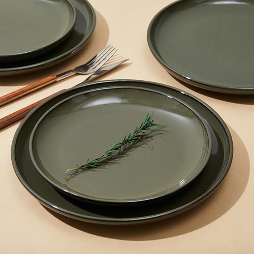 Image of Pokini Santorini Mist Terracotta Reactive Glaze Plates and Bowls Sets, Stoneware Dinnerware Sets, Microwave and Dishwasher Safe Ceramic Dish Set Service for 4, Blackish Green