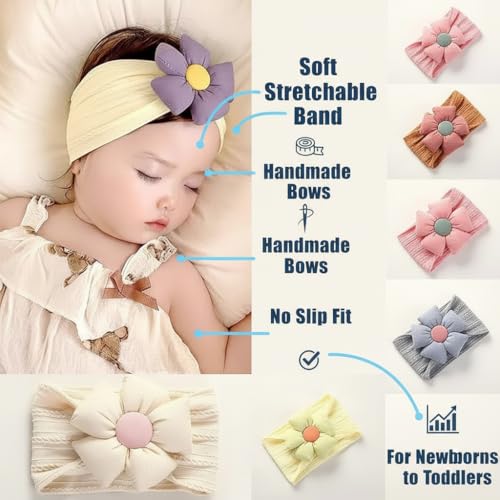 Image of BAKEFY -6 Super Stretchy Soft Knot Headbands with Hair Bows Flower Head Wrap Hair Accessories For Newborn Baby Girls Infant Toddlers Kids