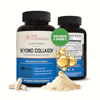 Live Conscious Beyond Collagen Multi Collagen Capsules - Types I, II, III, V & X - Hydrolyzed Blend with Biotin & Vitamin C for Hair, Skin, Nails 90 Capsules