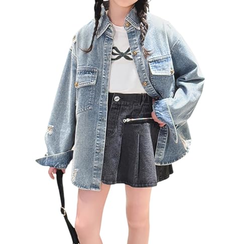Trendy Jean Jacket For Girls Casual Button Long Sleeve Denim Jackets Coats with Front Pockets Dressy Hem Fall Coat