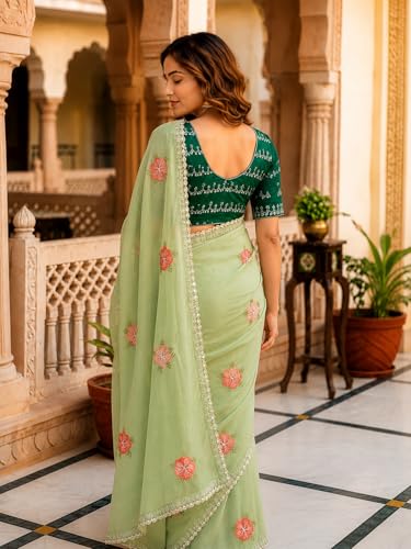 Image of Handcrafted Floral Embroidered Saree with Contrast Blouse
