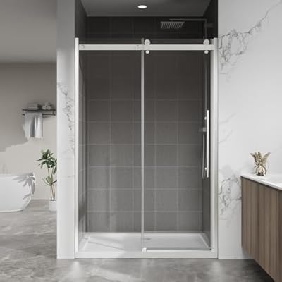 Bathenum 48.in W x 72.in H Frameless Shower Door Single Sliding, 1/4 inch Thick Clear Tempered Glass Shower Door with Zinc Roller Rail System, Stainless Steel Handle, Chrome