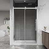 Bathenum 48.in W x 72.in H Frameless Shower Door Single Sliding, 1/4 inch Thick Clear Tempered Glass Shower Door with Zinc Roller Rail System, Stainless Steel Handle, Chrome