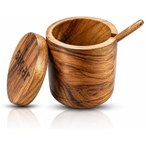 Decorative Rustic Wooden Sugar Seasonings Bowl Box Cellar Keeper With Lid & Spoon Wide Mouth Herb Spice Jar Holder Serving Bowl Pantryware Serverware Loose Tea Storage Container Novelty Home & Kitchen