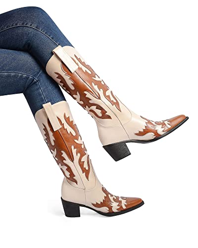 Image of ANN CREEK Women's 'Claremont' Sexy Cowboy Boots Mid Calf Knee-high Patchwork Dressy Cowgirl Western Woman Chunky Heel Pointed Toe Trendy Knee High Tall Boots