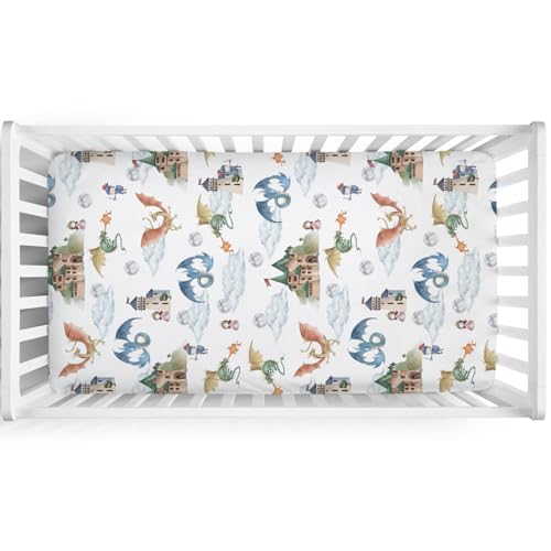 Image of Fairytale Dragons Castle Baby Crib Sheet 52''x28'' Cute Dragon Princess Knight Moon Clouds Stretchy Fitted Crib Mattress Cover for Boy Girl Bed Sheets for Standard Crib Toddler Mattress