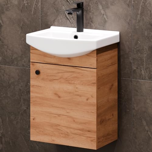 Planetmöbel Badmöbel Set Waschtisch mit Unterschrank 45 x 60 x 33 cm für Badezimmer, Gäste WC & Bad, Gold Eiche