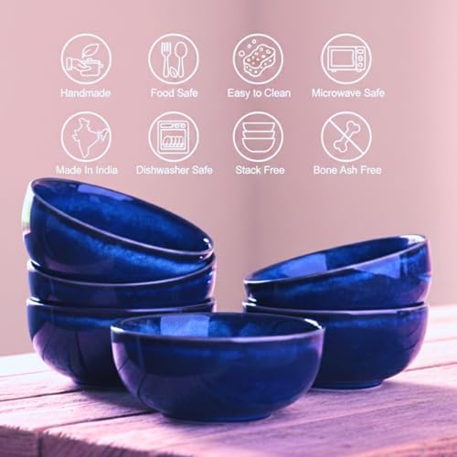 Image of Freakway Ceramic Bowls Set of 6, Reative Glaze Blue, Round, 180ml Capacity, Microwave and Dishwasher Safe-Midnight Blue-